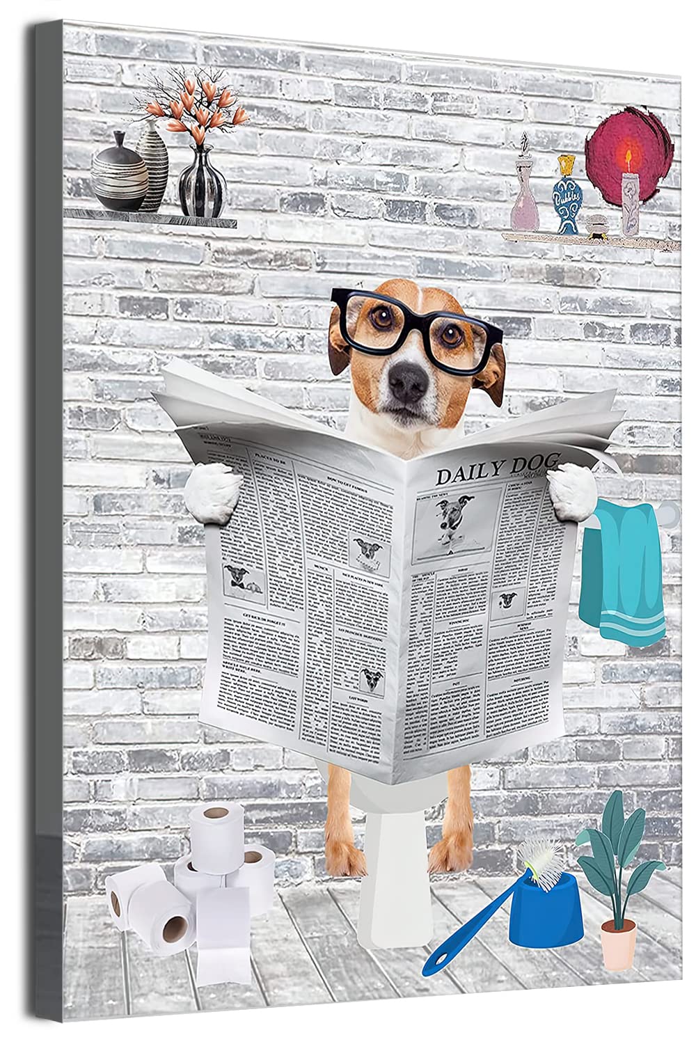 MKHFUW Funny Bathroom Wall Art, Funny Animals Reading Newspapers in the Toilet Canvas Poster for Toilet Bathroom Animals Artwork, Frameless (Dog,50x70cm)
