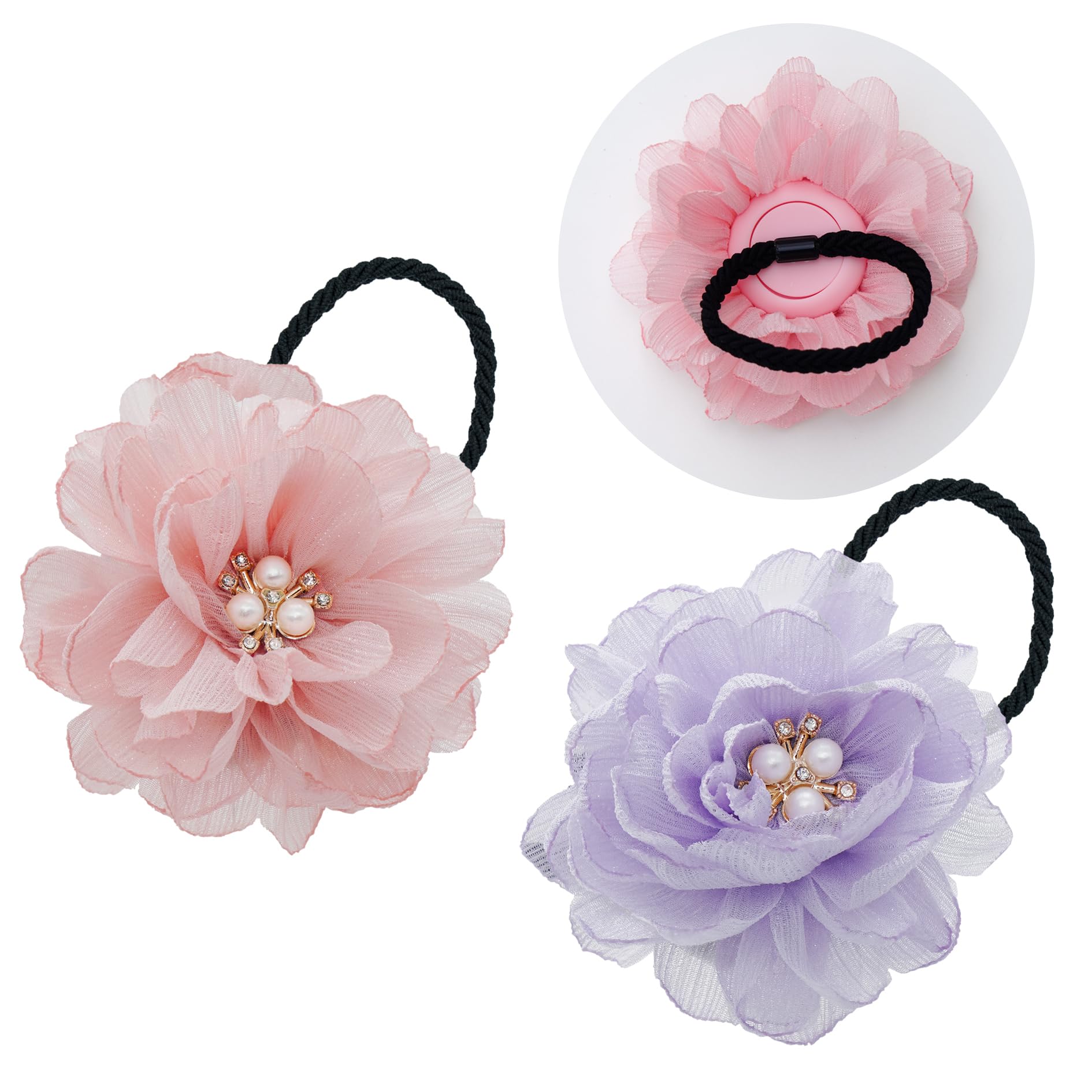Photo 1 of XEEWEN 2 Pack Kids Hair Ties Holder for Airtag, Cute Flower Hidden Hair Elastic Band GPS Tracker Case for Girls (Pink Purple, Thick Hair)