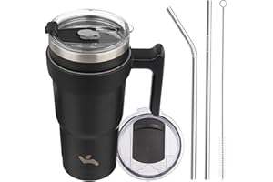 Konokyo 20 oz Tumbler with Handle and 2 Straw 2 Lid, Insulated Water Bottle Stainless Steel Vacuum Cup Reusable Travel Mug,Black