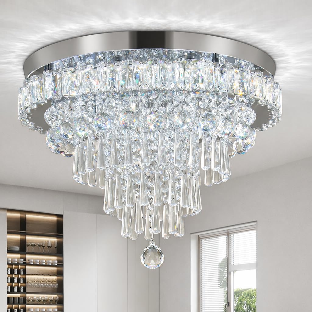 Photo 1 of 17.7" LED Crystal Chandelier Modern Crystal Ceiling Light Fixture Large Flush Mount Chandeliers Ceiling Lighting for Living Room Bedroom Kitchen (6500K Cool White)
