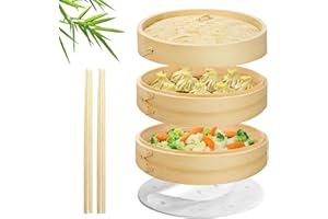 Flexzion Bamboo Steamer Basket Set (10 inch), 50 x Steamer Liners and 2 Pairs of Chopsticks, Steam Baskets for DimSum Dumplin