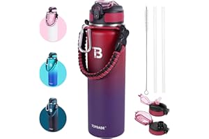 TOPBADE 32oz Water Bottle Stainless Steel with Straw, Insulated Water Bottle with Paracord Handle & Spout Lids, Double Wall S