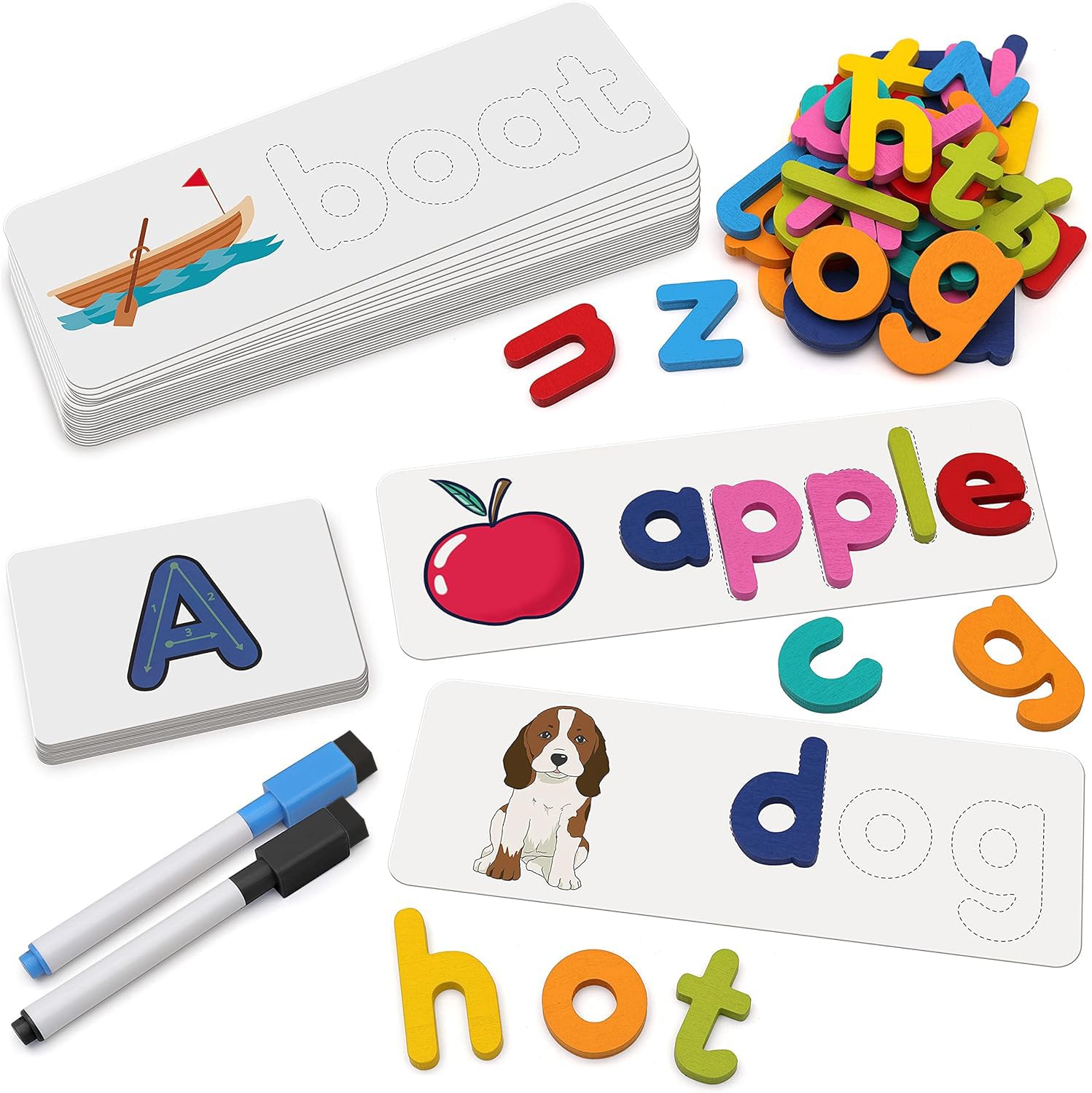 Coogam See Spelling Learning Toy, Matching Flash Cards Letters Wooden Color ABC Alphabet Games Preschool Early Learning Educational Gift for Year Old Kids(108PCS)