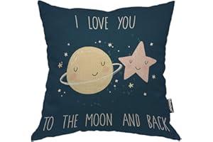 Moslion Star Decorative Pillow Case Cute Cartoon Stars Planets with Quote I Love You to The Moon and Back Throw Pillow Cover Square Accent Cotton Linen Home 18x18 Inch Blue