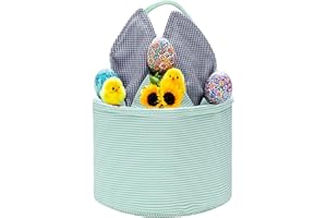 LEZIAZANY Easter Basket Seersucker Egg Hunt Bunny Baskets for Kids with Cute Rabbit Ears Stripe Storage Gifts Candies Personalized Easter Party Gifts.………
