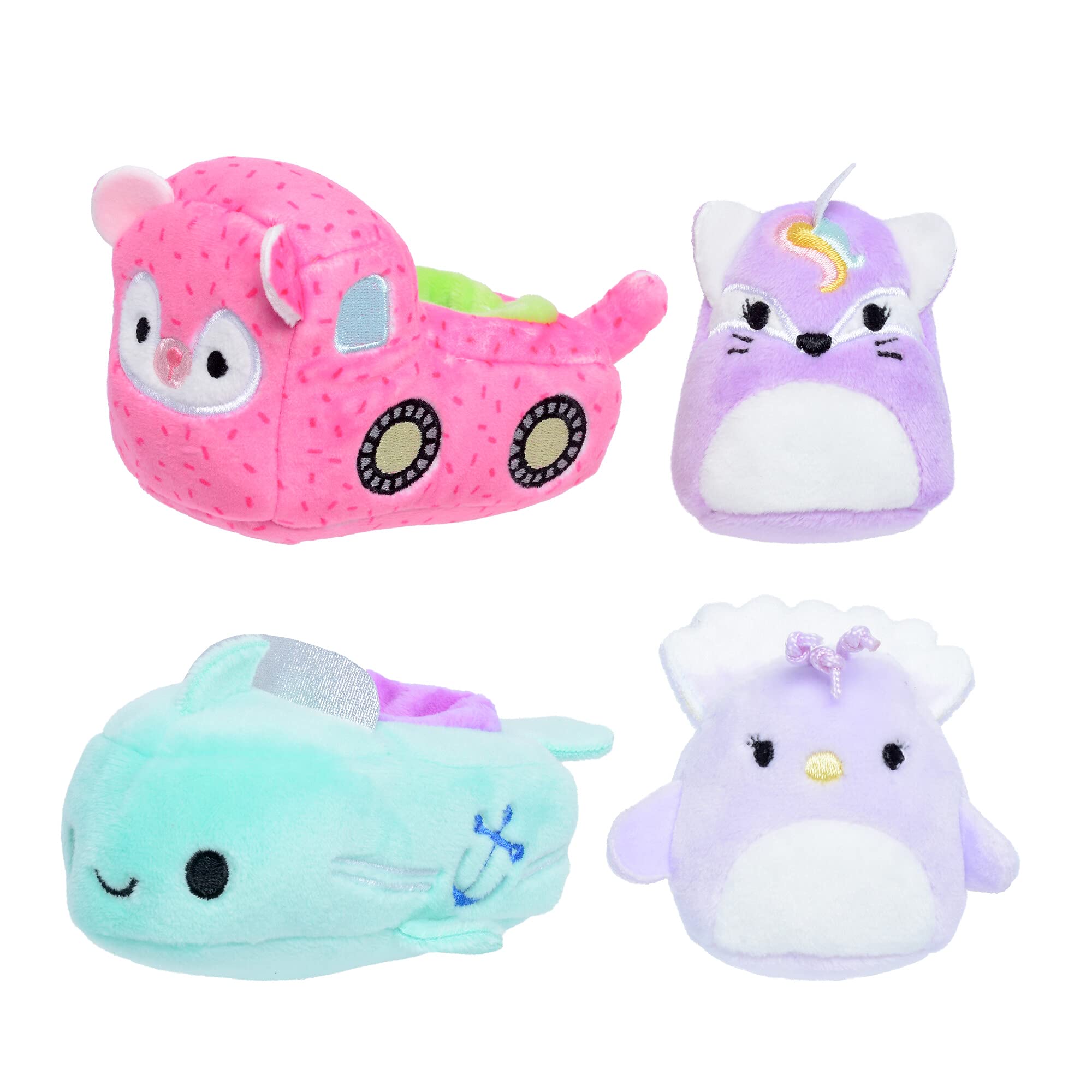 Squishville Squishmallows Sharde in Truck & Elina in Boat - Two 2” Mini-Squishmallows Lavender Foxicorn & Purple Peacock Plush, Plush Truck & Boat Vehicles, Irresistibly Soft Plush - AMAZON EXCLUSIVE