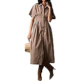 JEIBKOUY Women's Striped Button Front Pleated Maxi Shirt Dress Short Sleeve Collar V Neck Summer Casual Corset Long Dress