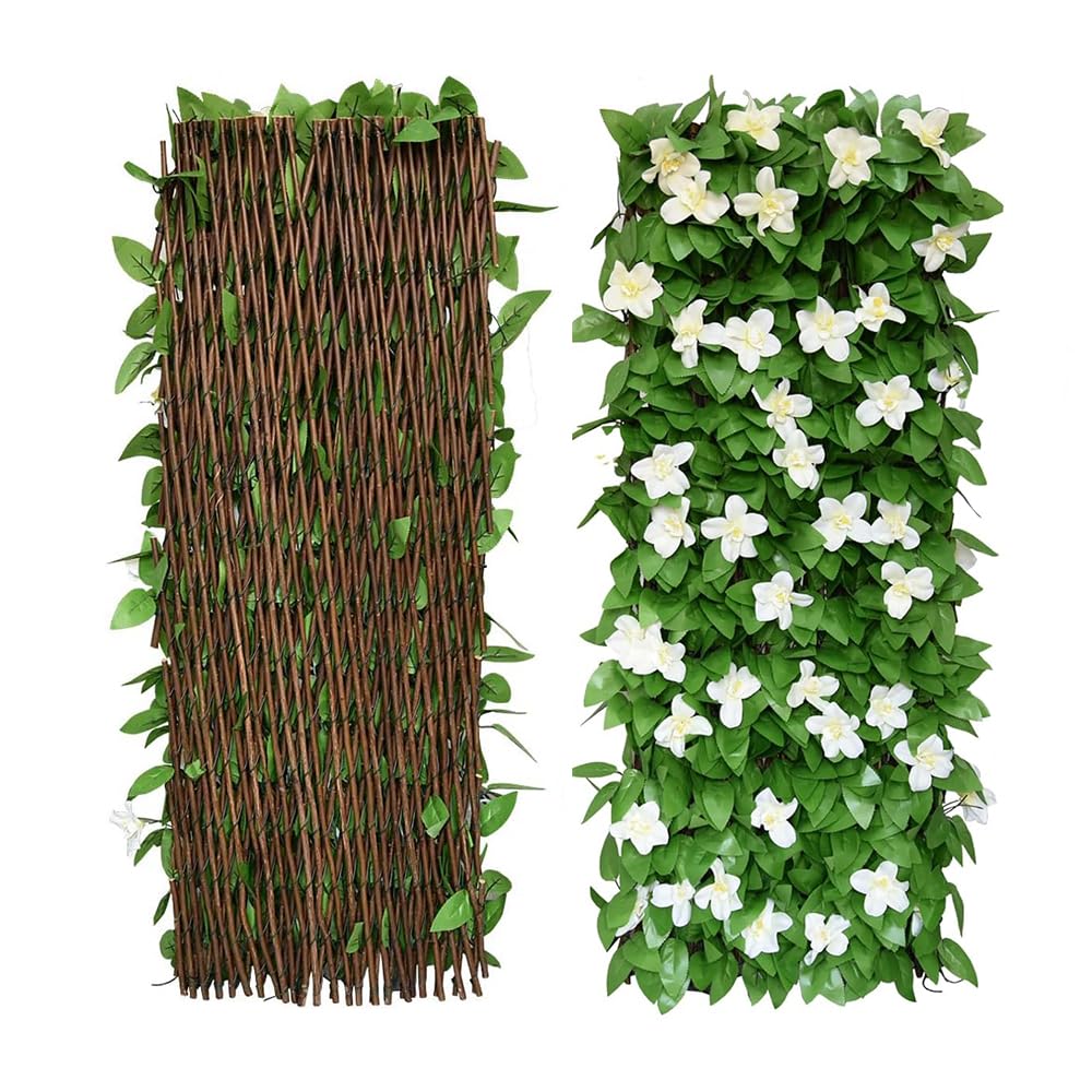 Artificial Leaf Screening, Expandable Fence Privacy Screen for Balcony Patio Outdoor,Decorative Faux Ivy Fencing Panel,Artificial Hedges 40x200cm- Expanded (1pcs, White Flowers)