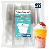 Freshware 16 oz Clear Disposable Plastic Cups, Clear Plastic Cups Tumblers, Heavy-duty Party Glasses, Disposable Cups for Thanksgiving, Halloween, Christmas Party, 16 Oz Cups, 100 Count (Pack of 1)