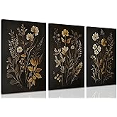 Yudinbin Vintage Dark Botanical Canvas Wall Art Set of 3 Cottagecore Academia Wildflower Wall Decor Rustic Fall Floral Flower Poster Prints for Bedroom Living Room 16x12 Inch Framed