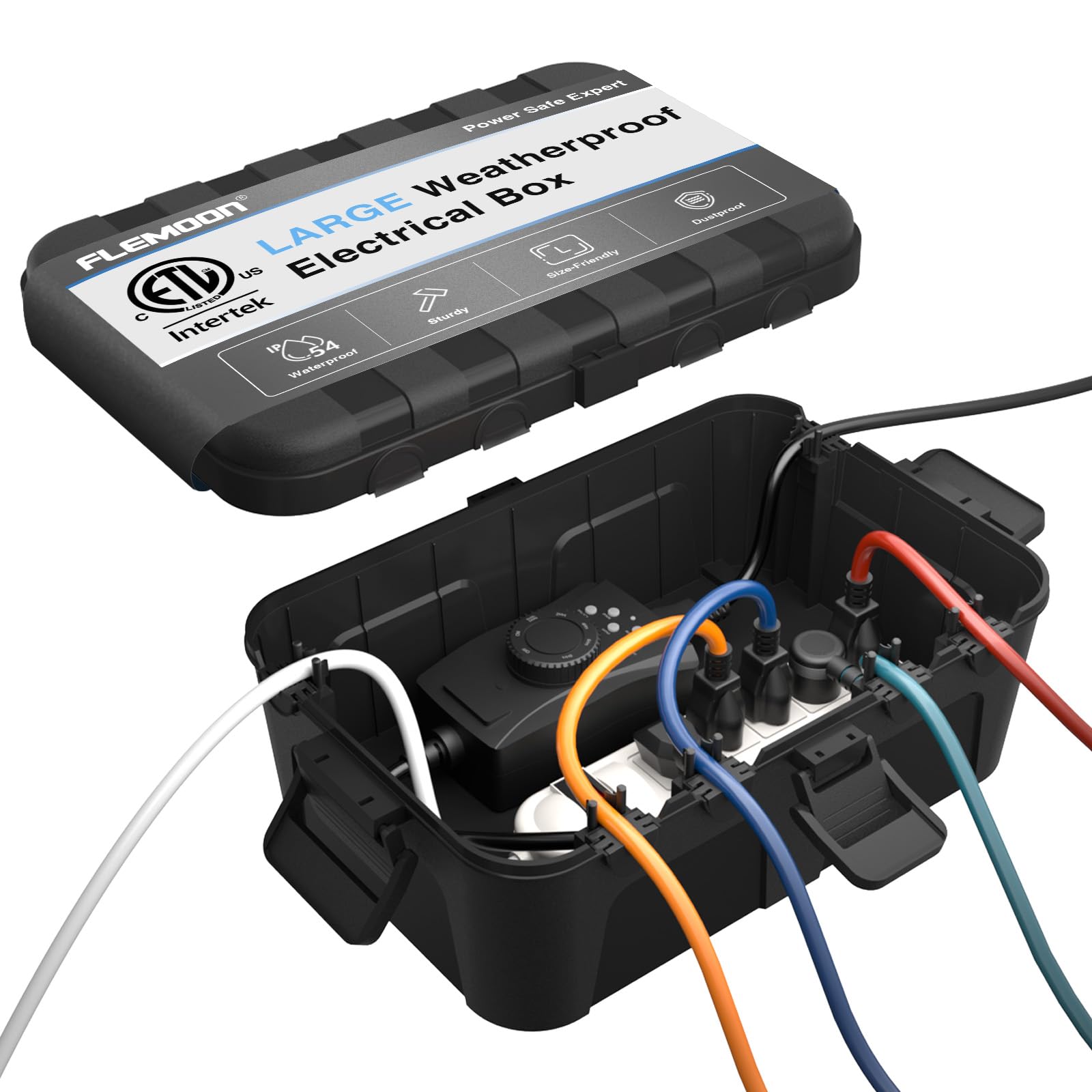 Photo 1 of Flemoon Large Outdoor Electrical Box (12.5 x 8.5 x 5 inch), IP54 Waterproof Extension Cord Cover Weatherproof, Protect Outlet, Plug, Socket, Timer, Power Strip, Holiday Light Decoration, Black