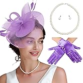 MS.ING Fascinator Hats for Women Tea Party Hats and Gloves Pearl Jewelry Set Derby Hat for Cocktail Wedding