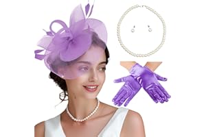 MS.ING Fascinator Hats for Women Tea Party Hats and Gloves Pearl Jewelry Set Derby Hat for Cocktail Wedding