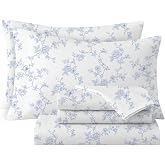 HYPREST Light Blue Rose Vine Floral Print King Bed Sheets 16" Deep Pocket | Vintage Romantic Style,Delicate Floral Sketch on White,4pc Patterned Sheets,Brushed Microfiber,Soft and Breathable,OEKO-TEX