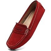 Osslue Women's Suede Leather Casual Penny Loafers Retro Ladies Moccasins Driving Mocs Comfort Slip-On Fashion Boat Shoes Classic Flats