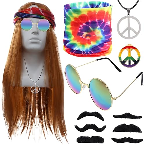 TIANTIAN Hippie Costume Set with Brown Wig,Tye Dye Headband,Rainbow Sunglasses,Peace Sign Pins,Necklace and Fake Beards for 60s or 70s Hippy Party Costume Accessories
