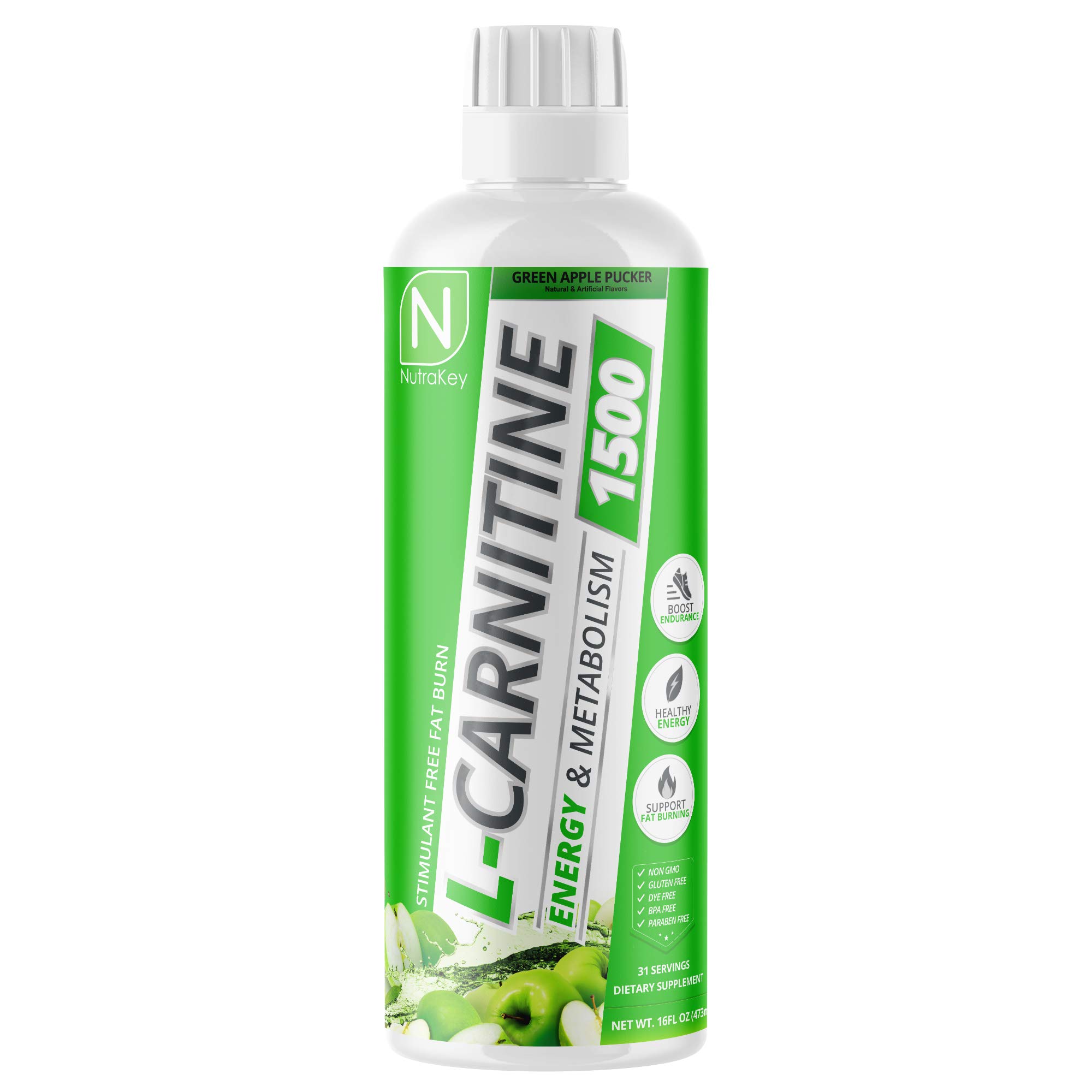 NutraKey L-Carnitine 1500mg, No Sugar, Gluten Free, Turn Into Fuel, (Green Apple) 31 Servings