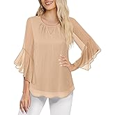 VALOLIA Women's Dressy Tops Elegant Chiffon Blouses 3/4 Ruffle Sleeve Sparkly Cocktail Tops Work Shirts Crewneck