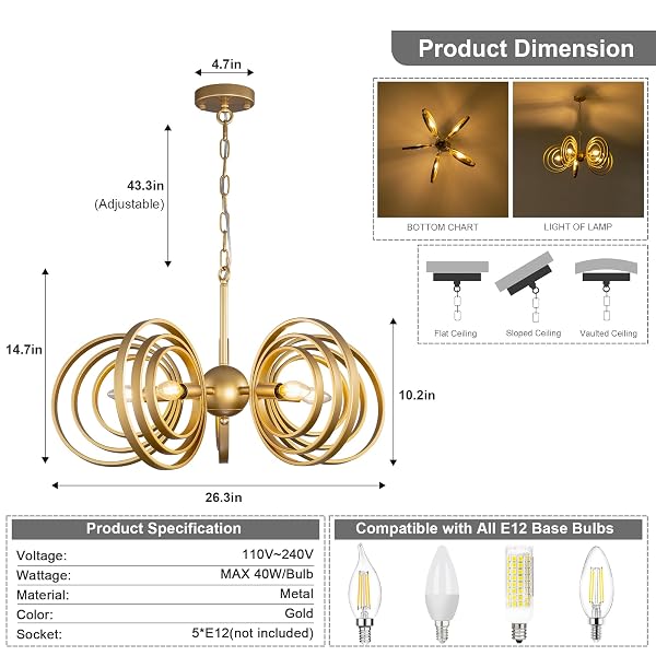 TOCHIC MODERN CHANDELIER FOR DINING ROOM,5-LIGHT GOLD METAL CHANDELIER,MID CENTURY CHANDELIERS,RINGS FARMHOUSE CEILING LIGHT FIXTURE FOR BEDROOM,LIVING ROOM,KITCHEN ISLAND,ENTRYWAY,FOYER 26.3″ D