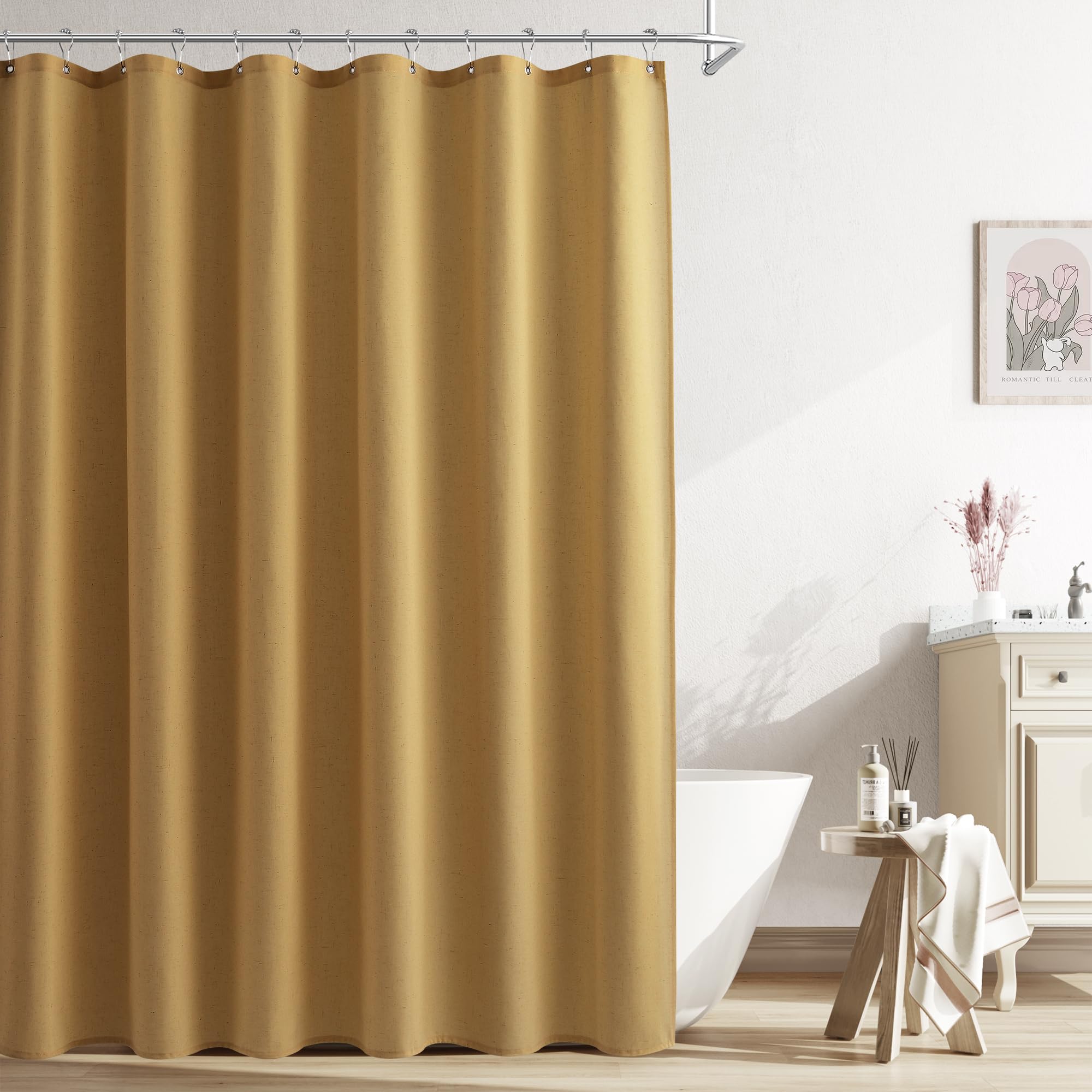 Naturoom Gold Linen Shower Curtain, Country Boho Farmhouse Bath Decor Shower Curtains Neutral Cloth Weighted Textured Fabric Bath Curtain with Hooks, 72x72 Image
