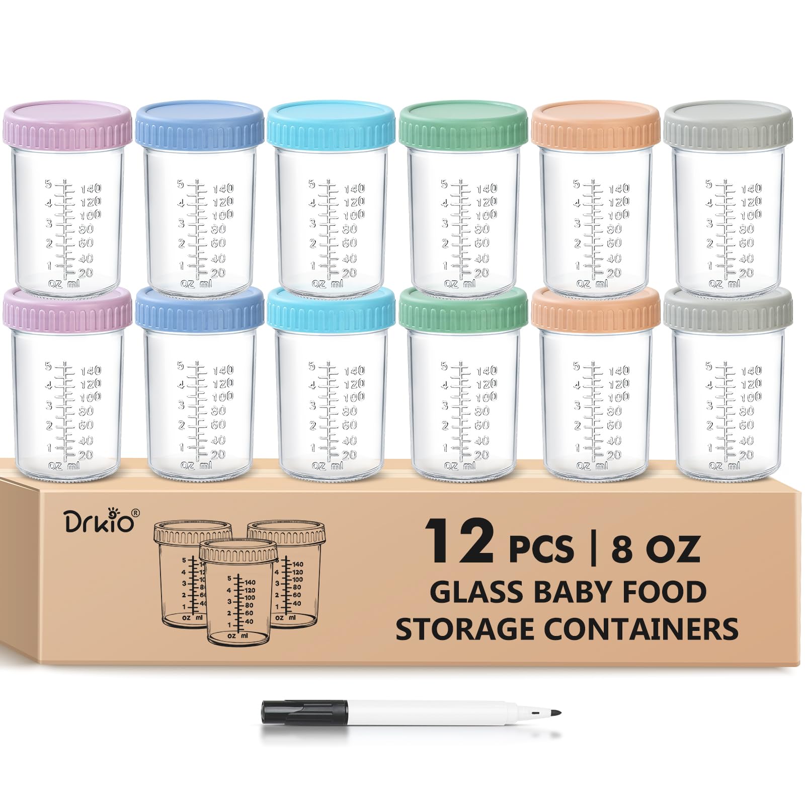Photo 1 of DRKIO 12 Pack Glass Baby Food Storage Containers - 8 Oz Baby Food Jars with Lids Baby Food Maker Microwave Dishwasher Freezer Safe 100% Leak Proof BPA Free Reusable
