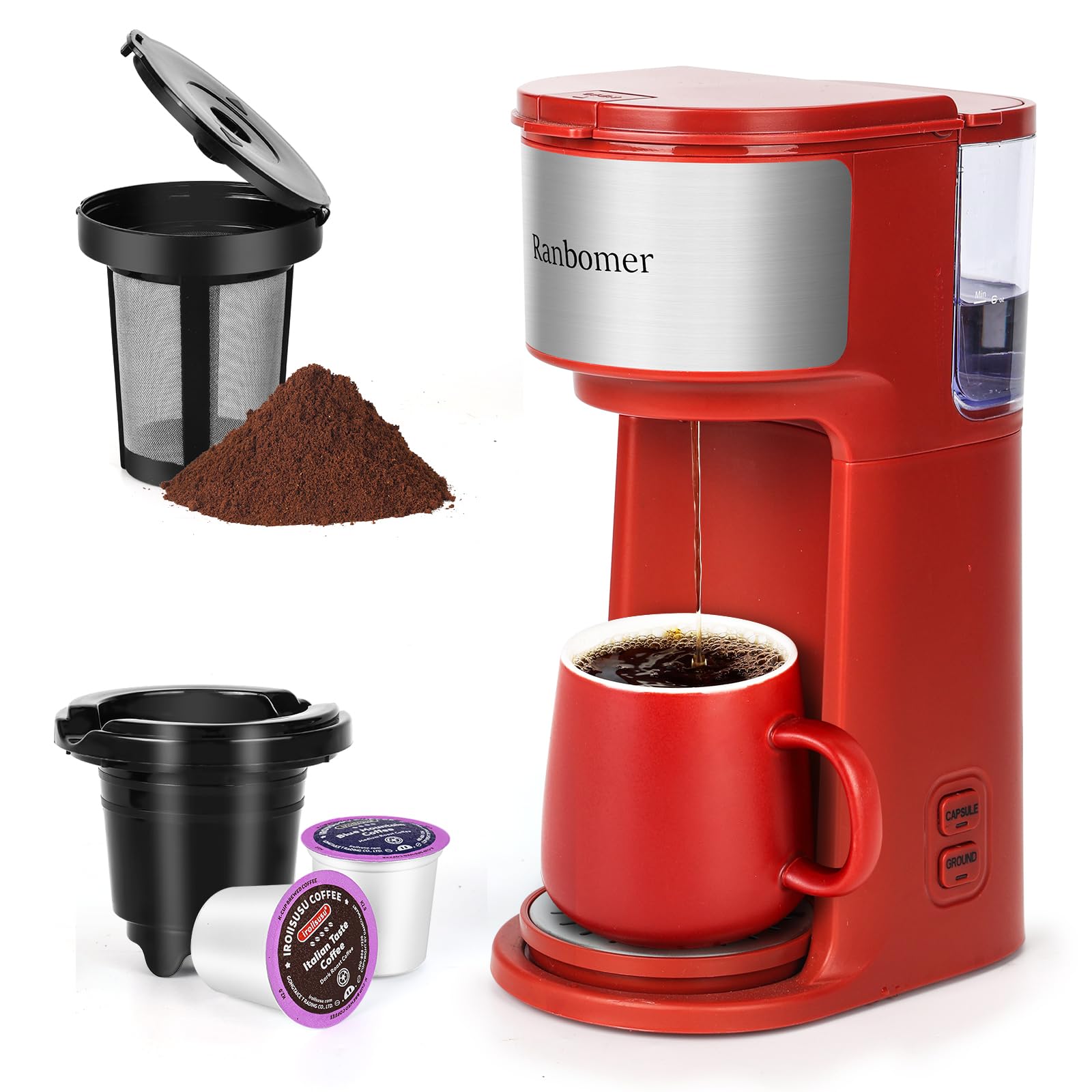 Photo 1 of Ranbomer K Cup Coffee Maker. Pod Coffee Machine 14 Oz?Ground Coffee Maker. (Red)