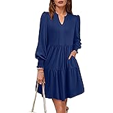YZEGGO Spring Dresses for Women 2026 Casual V Neck Long Sleeve A Line Midi Dress Ruffle Flowy with Pockets