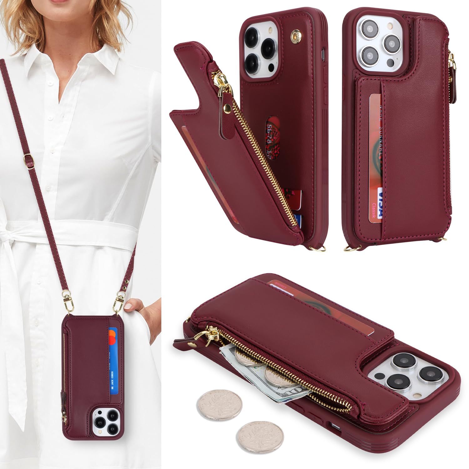 SailorTech for iPhone 12 Pro Max Phone Case with Credit Card Holder for Women, iPhone 12 Pro Max Leather Case Wallet Crossbody with Credit Card Slots Zipper Shockproof Case for Men - Burgundy