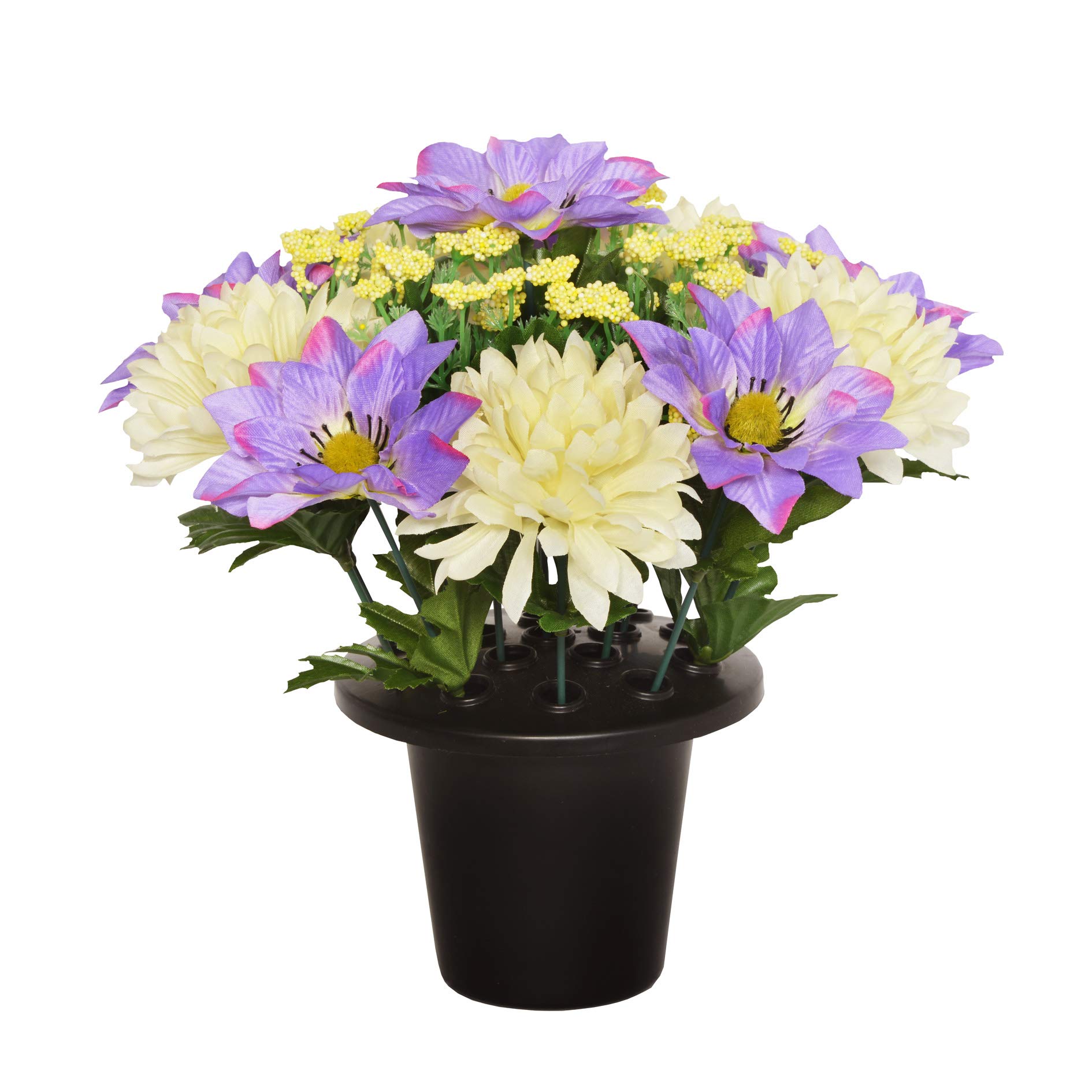 SF 25CM ARTIFICIAL CREAM/IVORY & LILAC CHRYSANTHEMUM & CLEMATIS GRAVE FLOWER POT - VASE INSERT MEMORIAL