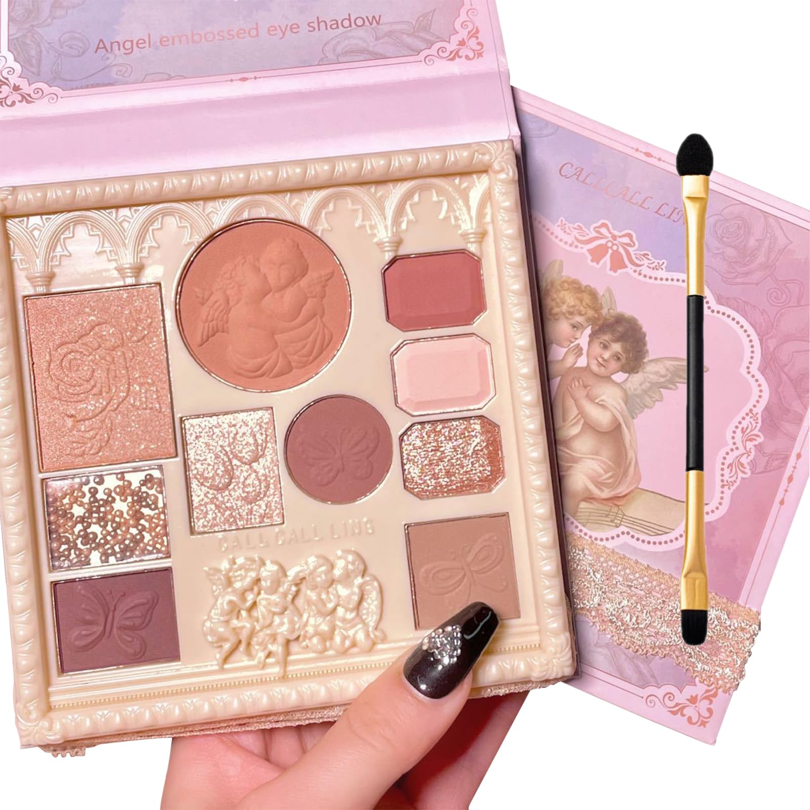 FEXPDL Vintage Cameo 10-Colour Korean Eyeshadow Palette - Matte & Glitter Multifunctional Shadows, With double-ended applicator