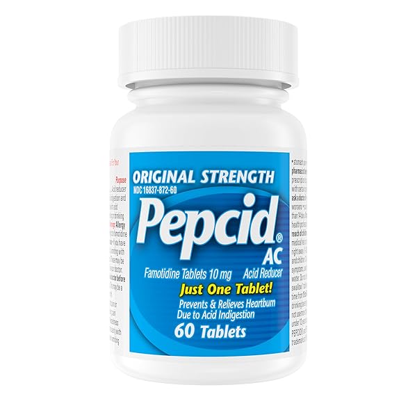 PEPCID AC ORIGINAL STRENGTH HEARTBURN RELIEF TABLETS, PREVENTS & RELIEVES HEARTBURN DUE TO ACID INDIGESTION & SOUR STOMACH, 10 MG FAMOTIDINE TO REDUCE & CONTROL ACID, FAST-ACTING, 60 CT