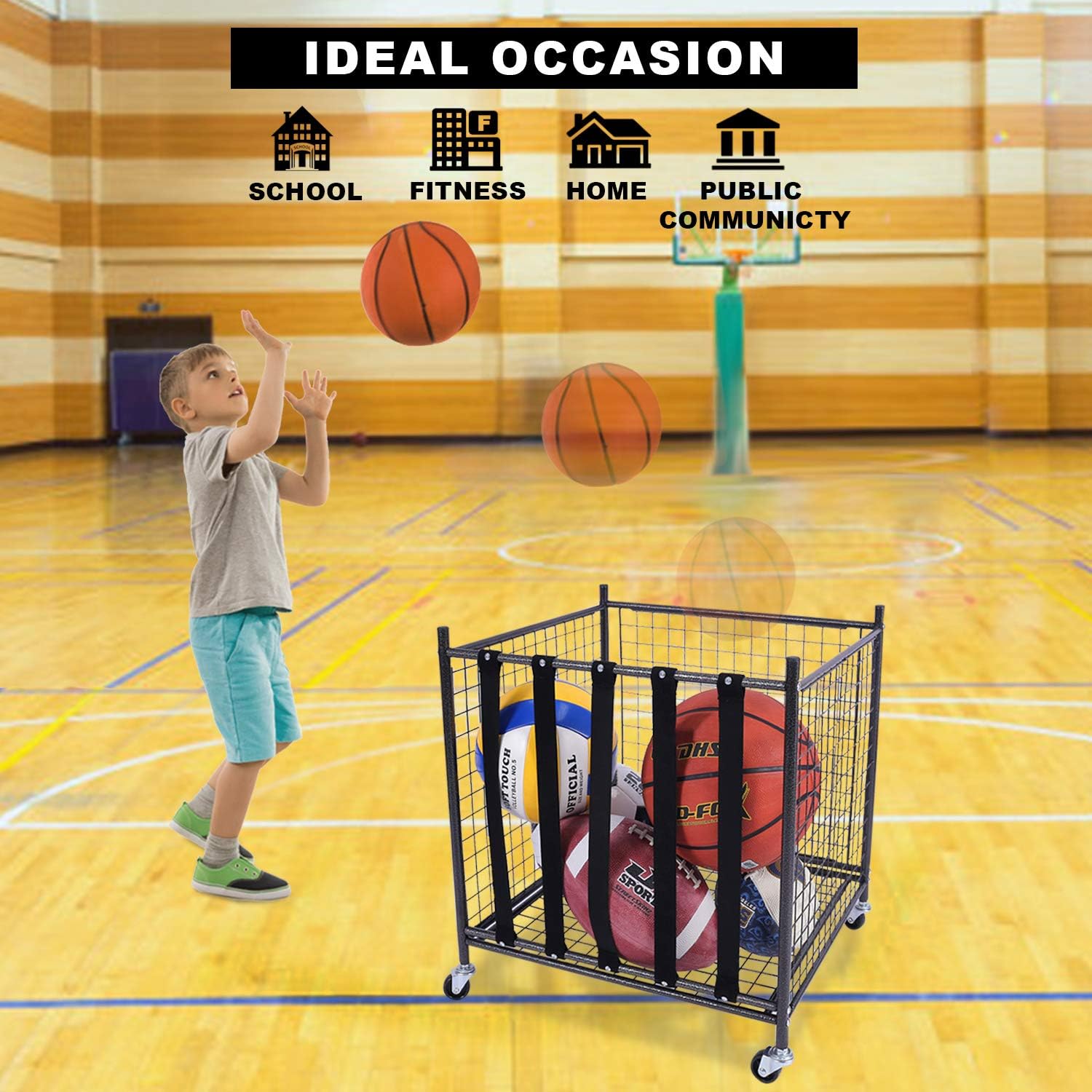 Mythinglogic Rolling Sports Ball Storage Cart, Sports Lockable Ball Storage Locker with Elastic Straps, Stackable Ball Cage for Garage Storage Garage Organizer, 6 Ball Capacity Full Size, Black,Steel: Sports & Outdoors