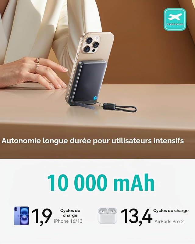 pour MagSafe Qi2 15W Batterie Externe, Ultra-Fine 10000mAh Power Bank