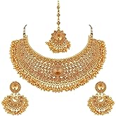 Efulgenz Indian Jewelry Sets for Women Bridal Jewelry Bollywood Traditional Crystal Faux Pearl Wedding Choker Necklace Earrings Maang Tikka Indian Wedding Jewelry