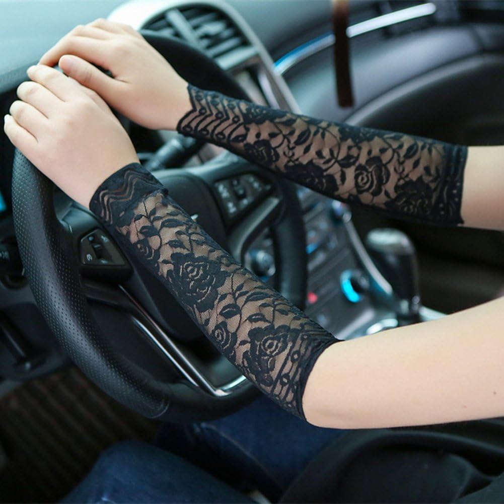 Tovip 2Pairs 30CM Women Girls Summer UV Protection Arm Sleeves Sexy Crochet Floral Lace Warmers Jacquard Scar Cover Long Fingerless Driving Gloves: Clothing