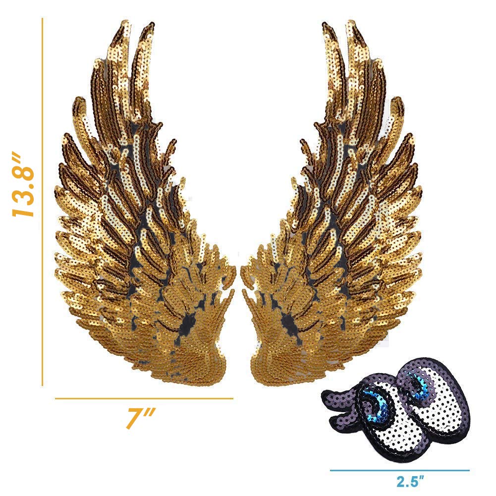 LoveInUSA Sequin Wings set, 2 PCS Sequins Patches Gold Angel Wings  Wing Applique Iron On Wings Chanel Patches for Clothes Jackets Jeans Dress Hat DIY Accessory