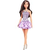Barbie Fashionistas Doll #234 with Brown Hair | Wearing Sequined Purple Bubble Dress with Satiny Skirt, Silvery Necklace and Heels