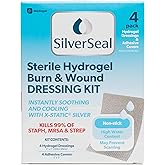 SilverSeal Hydrogel Burn & Wound Dressing Kit with X-Static Silver - FDA Cleared Care for Burns, Cuts & Wounds – Soothing Moisture, Relief & Protection - 4 (2”x3”) Hydrogels + 4 (3”x5”) Adhesive Pads