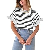 Tankaneo Women Striped Tops Ruffle Sleeve Casual Basic T Shirts Crewneck Short Sleeve Shirt Summer Outfits