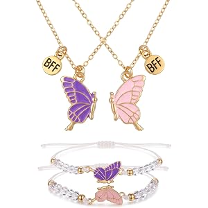 Gjinxi BFF Necklace and Bracelets 2 Butterfly Friendship Necklace Bracelet Butterfly Matching Bracelets Necklaces Gifts Metal