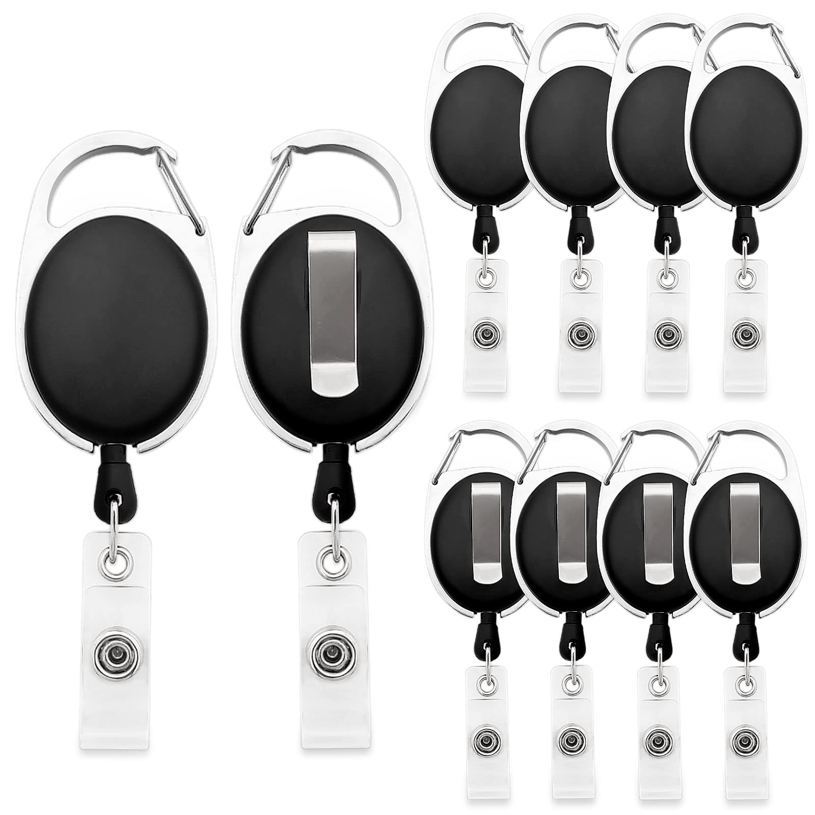 Fushing 10Pcs Retractable Badge Holder Carabiner Reel Clip On ID Card Holders (Black)