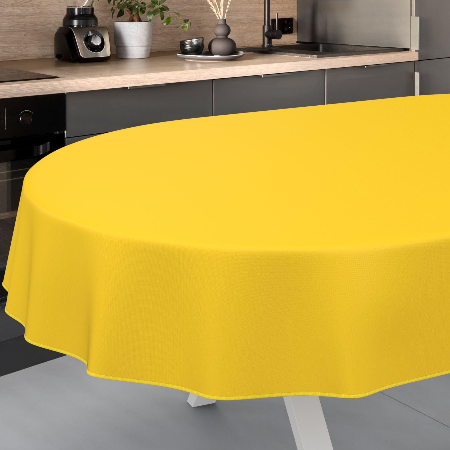 ANRO Oilcloth Tablecloth, Washable, Oilcloth, Garden Tablecloth, Outdoor, Indoor, Oval, 200 x 140 cm with Hem, Yellow