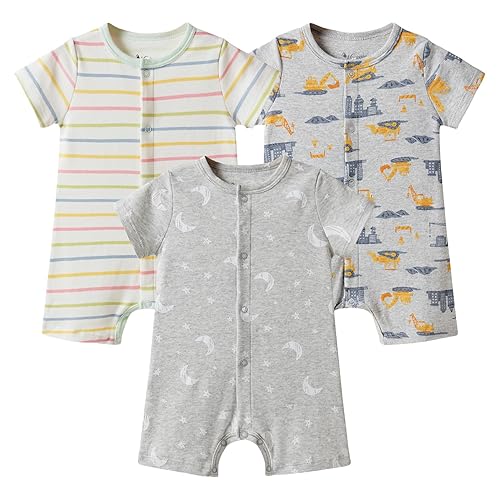 Minicoco Baby Boy 3-Pack 100% Cotton Short Sleeve Rompers-Breathable One-Piece Jumpsuits with Animal Themes for Spring/Summer