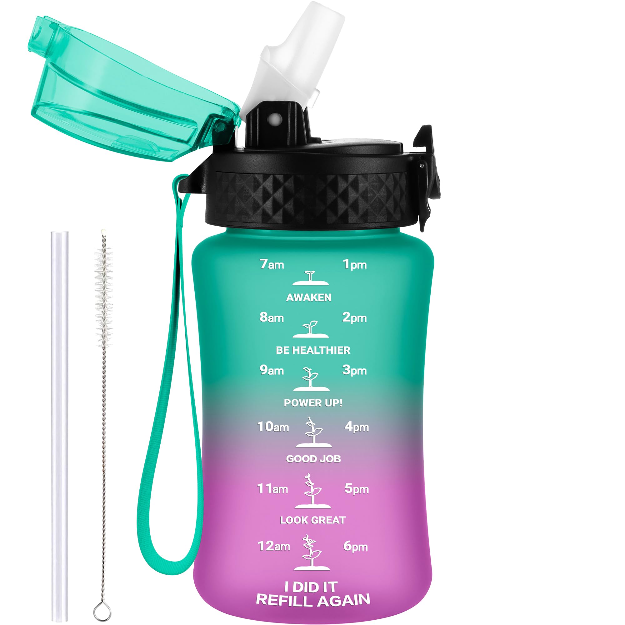GOPPUS 350ml/12oz Kids Water Bottle With Straw Tritan Drinks Bottle with Strap Small Toddler Juice Bottles with Flip Top Lid Leakproof Children's Cup with Time Marking BPA free Girl Boy (Green Purple) — image 1