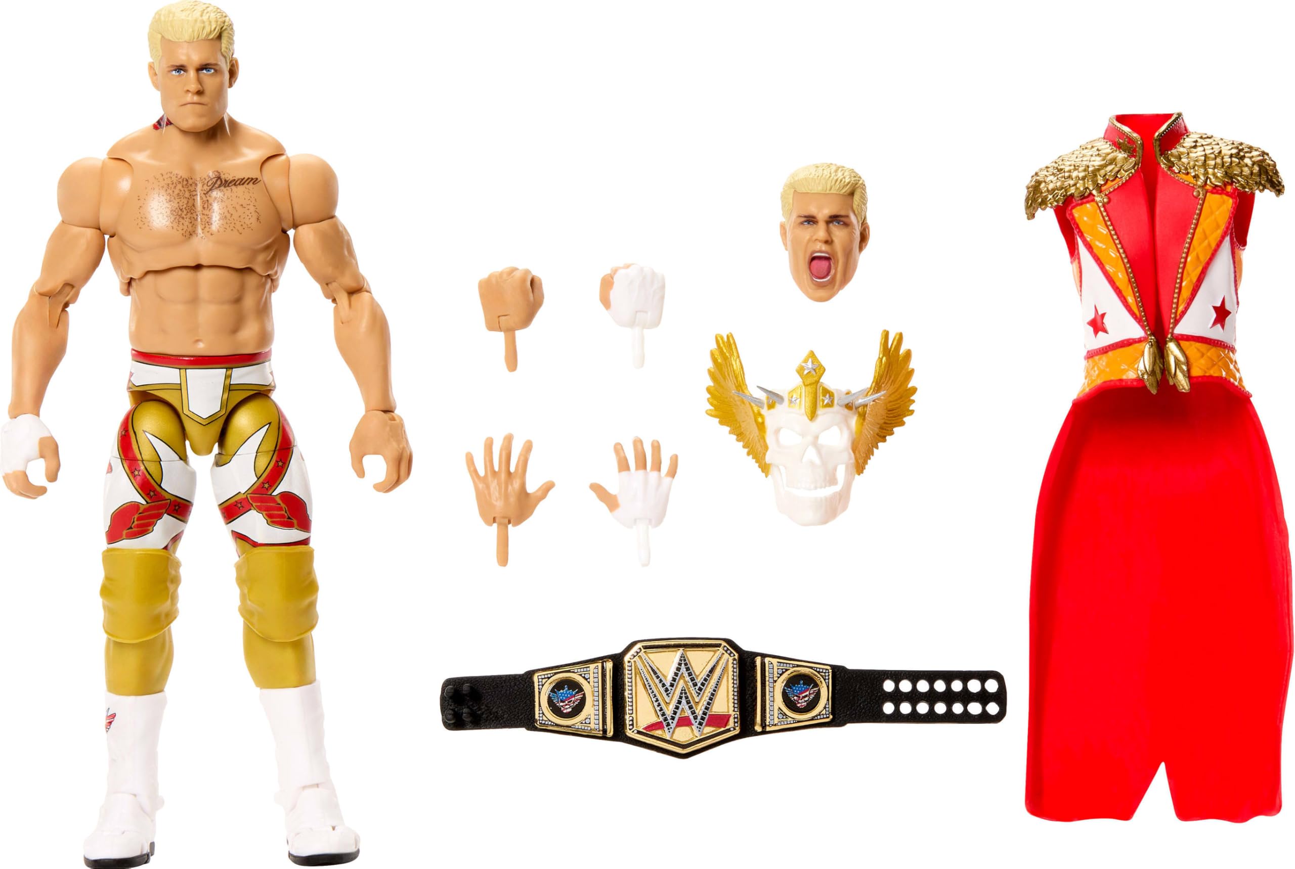 Mattel WWE Ultimate Edition Action Figure & Accessories Set, Cody Rhodes 6-inch Collectible with Swappable Heads & Hands, 30 Articulation Points