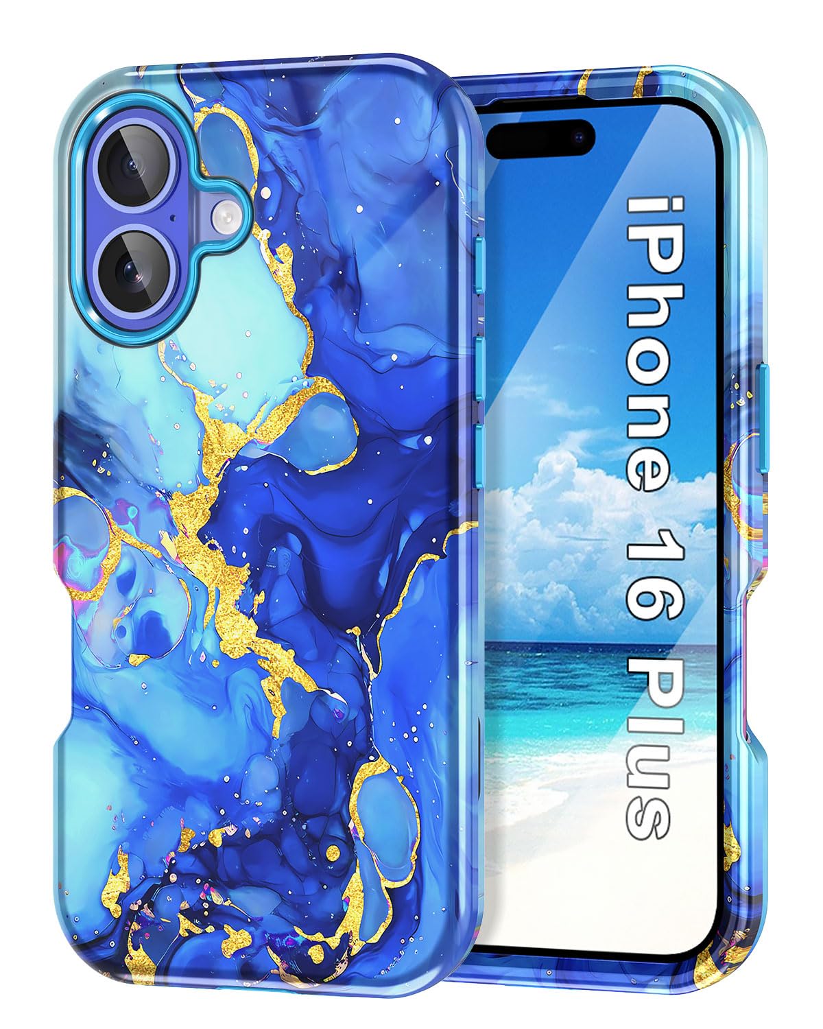 Btscase for iPhone 16 Plus Case (2024),[Military Grade Drop Tested] Marble Pattern Design Slim Rugged Shockproof Women Girls Men Protective Anti-Scratch Cover for iPhone 16 Plus, Sky Blue