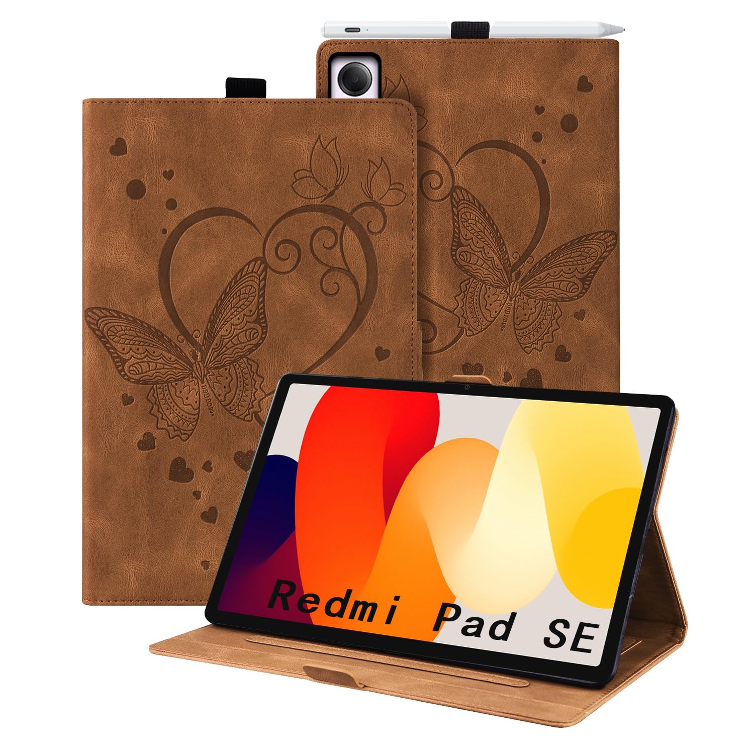Auslbin Xiaomi Redmi Pad SE Case 2023 11", PU Butterfly Embossed Leather with Stand Function and Pen Holder for Xiaomi Redmi Pad SE 11" 2023, Brown Butterfly