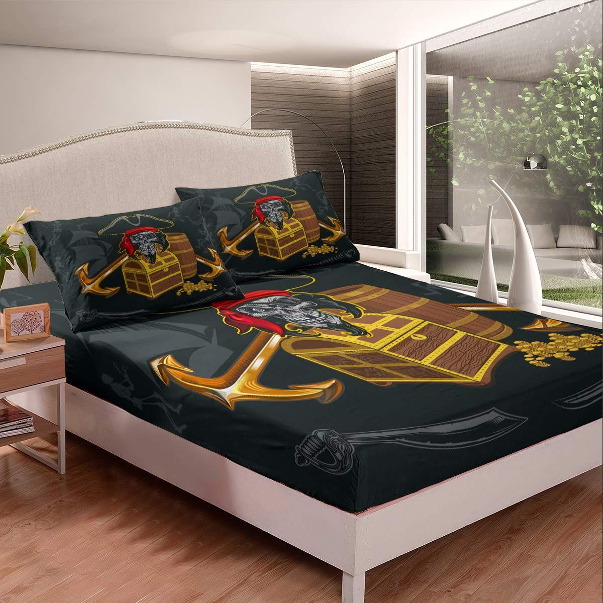 Ocean Nautical Bed Sheets Pirate Treasure Bed Sheet Set for Kids Boys Teens Treasure Hunt At Sea Bedding Set Sea Adventure Fitted Sheet Bedroom Collection 3Pcs King Size