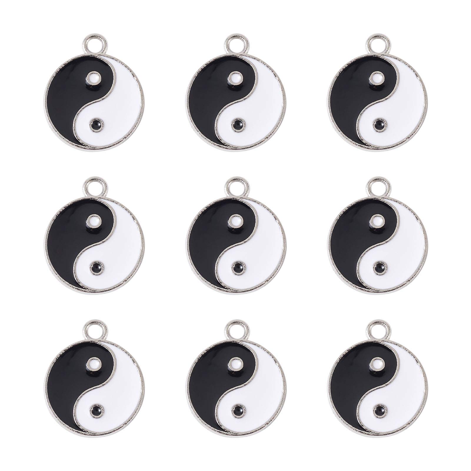 PandaHall 20pcs Alloy Round Enamel Pendants White & Black Metal Enamel Dangle Charms for DIY Jewelry Making