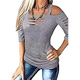 Cut Out Cold Shoulder Square Collar Shirt Women Lacerated 3/4 Sleeve Blouse Cut Out Sexy Hollow Out Casual Tee Tops